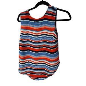 Kenar Women's Tribal Stripe Tank Keyhole Blouse Coastal Art Deco Office Career